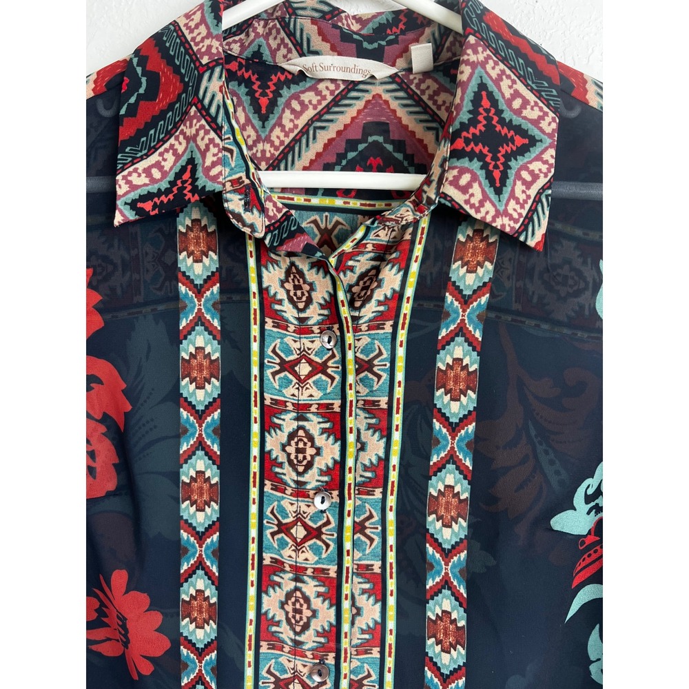 Soft Surroundings Navy Tribal iKat Print Button Up Tunic Top Kimono Jacket Sz XS - Picture 2 of 10